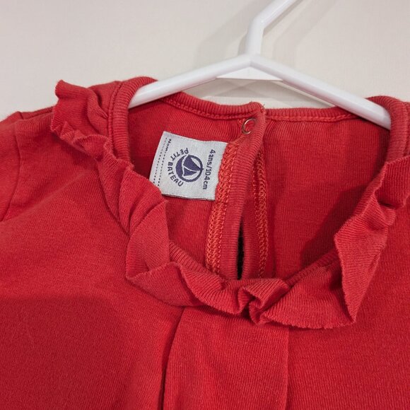 Petit Bateau Ruffle Collar Jersey Long Sleeve Top Coral Pink Size 4 - Picture 2 of 4